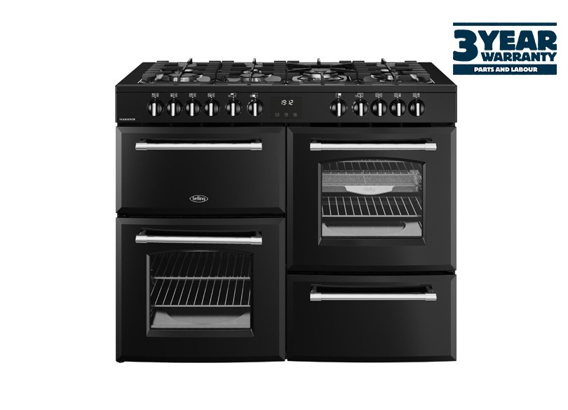 110cm Dual fuel range cooker with a 7 burner gas hob, conventional second oven, separate grill, and main fanned oven with AirFry
