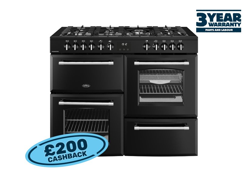 110cm Dual fuel range cooker with a 7 burner gas hob, conventional second oven, separate grill, and main fanned oven with AirFry