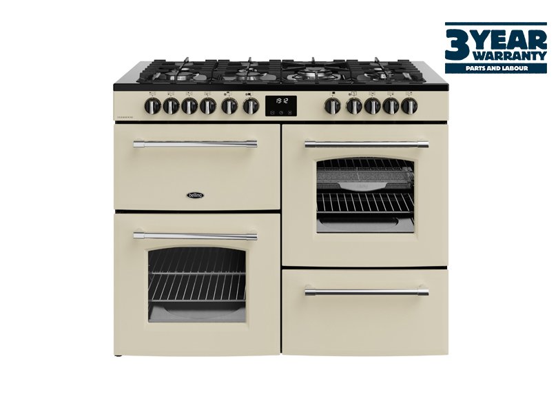 110cm Dual fuel range cooker with a 7 burner gas hob, conventional second oven, separate grill, and main fanned oven with AirFry