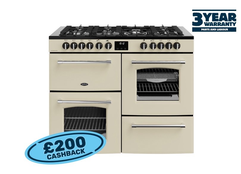 110cm Dual fuel range cooker with a 7 burner gas hob, conventional second oven, separate grill, and main fanned oven with AirFry