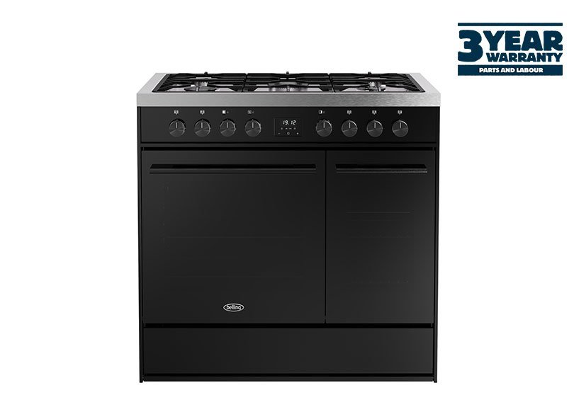 90cm Dual fuel range cooker with a 5 burner gas hob, conventional second oven & grill, and multifunction main oven with integrated grill