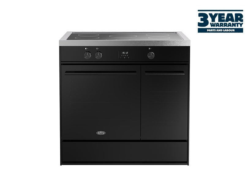 90cm Electric range cooker with a 5 zone induction hob, conventional second oven & grill, and multifunction main oven with integrated grill
