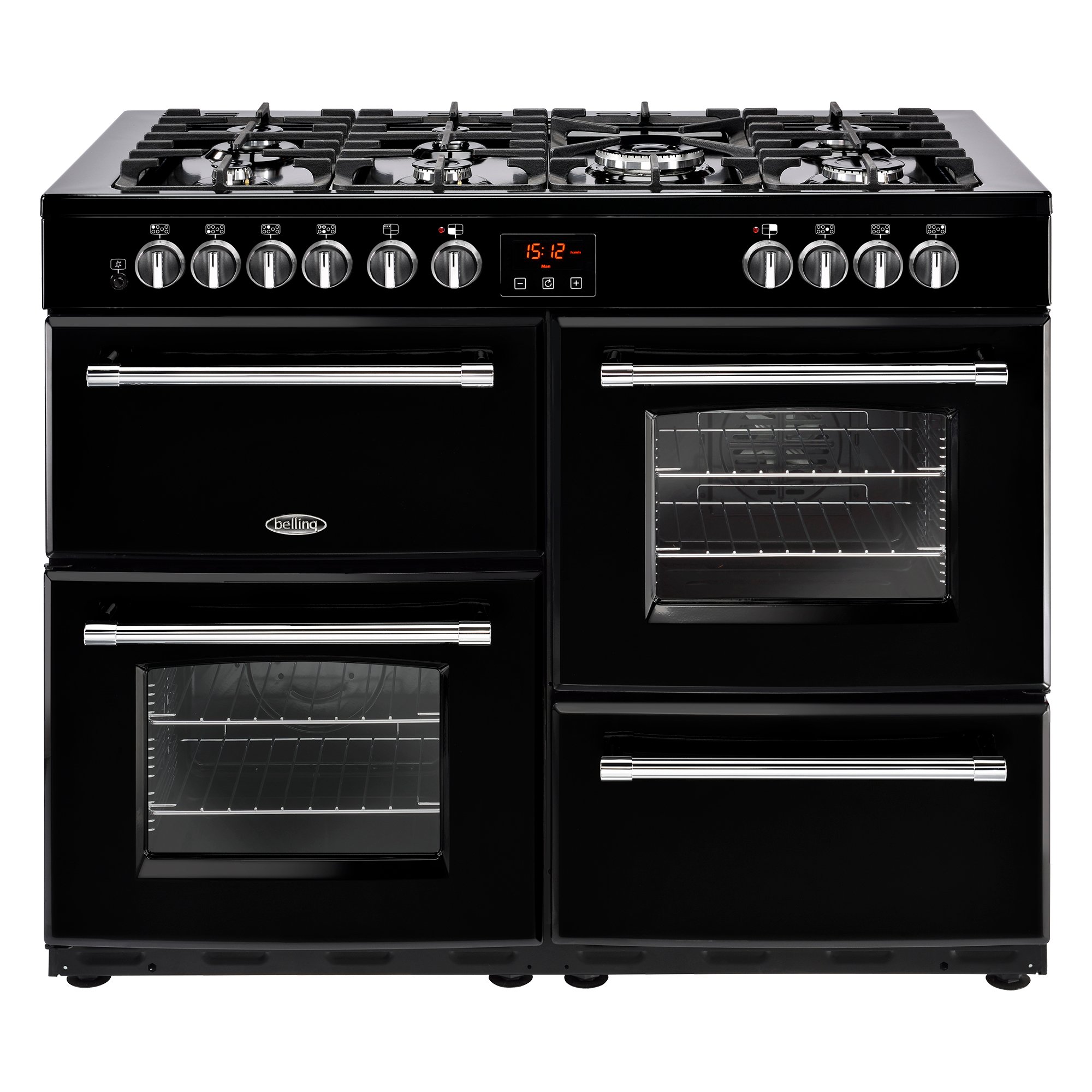 110cm dual fuel range cooker with 7 burner gas hob, 4kW PowerWok, Maxi-Clock and easy clean enamel.
