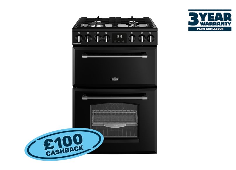 60cm Dual fuel range cooker with a 4 burner gas hob, conventional oven & grill, and fanned main oven with AirFry