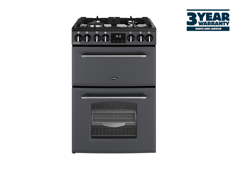 60cm Dual fuel range cooker with a 4 burner gas hob, conventional oven & grill, and fanned main oven with AirFry