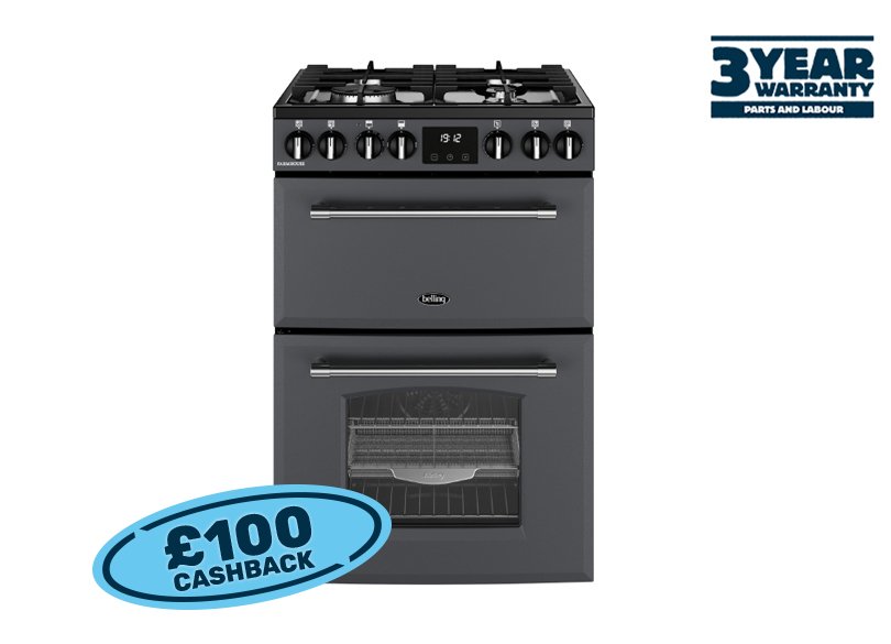 60cm Dual fuel range cooker with a 4 burner gas hob, conventional oven & grill, and fanned main oven with AirFry