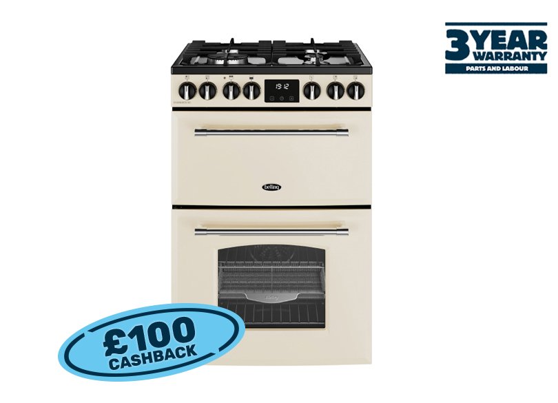 60cm Dual fuel range cooker with a 4 burner gas hob, conventional oven & grill, and fanned main oven with AirFry