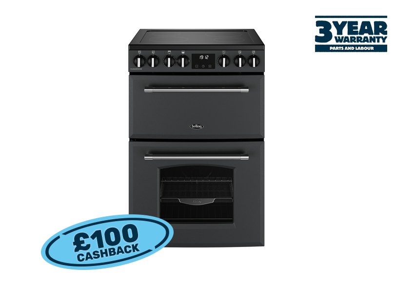 60cm Electric range cooker with a 4 zone ceramic hob, conventional oven & grill, and fanned main oven with AirFry