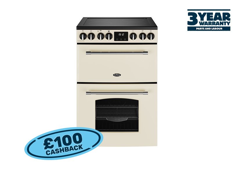 60cm Electric range cooker with a 4 zone ceramic hob, conventional oven & grill, and fanned main oven with AirFry