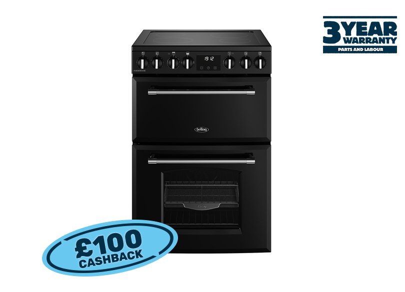 60cm Electric range cooker with a 4 zone ceramic hob, conventional oven & grill, and fanned main oven with AirFry