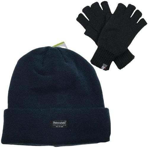 2pcs_Set_Mens_3M_Thinsulate_Pull-On_Beanie_+_Knitted_Fingerless_Gloves