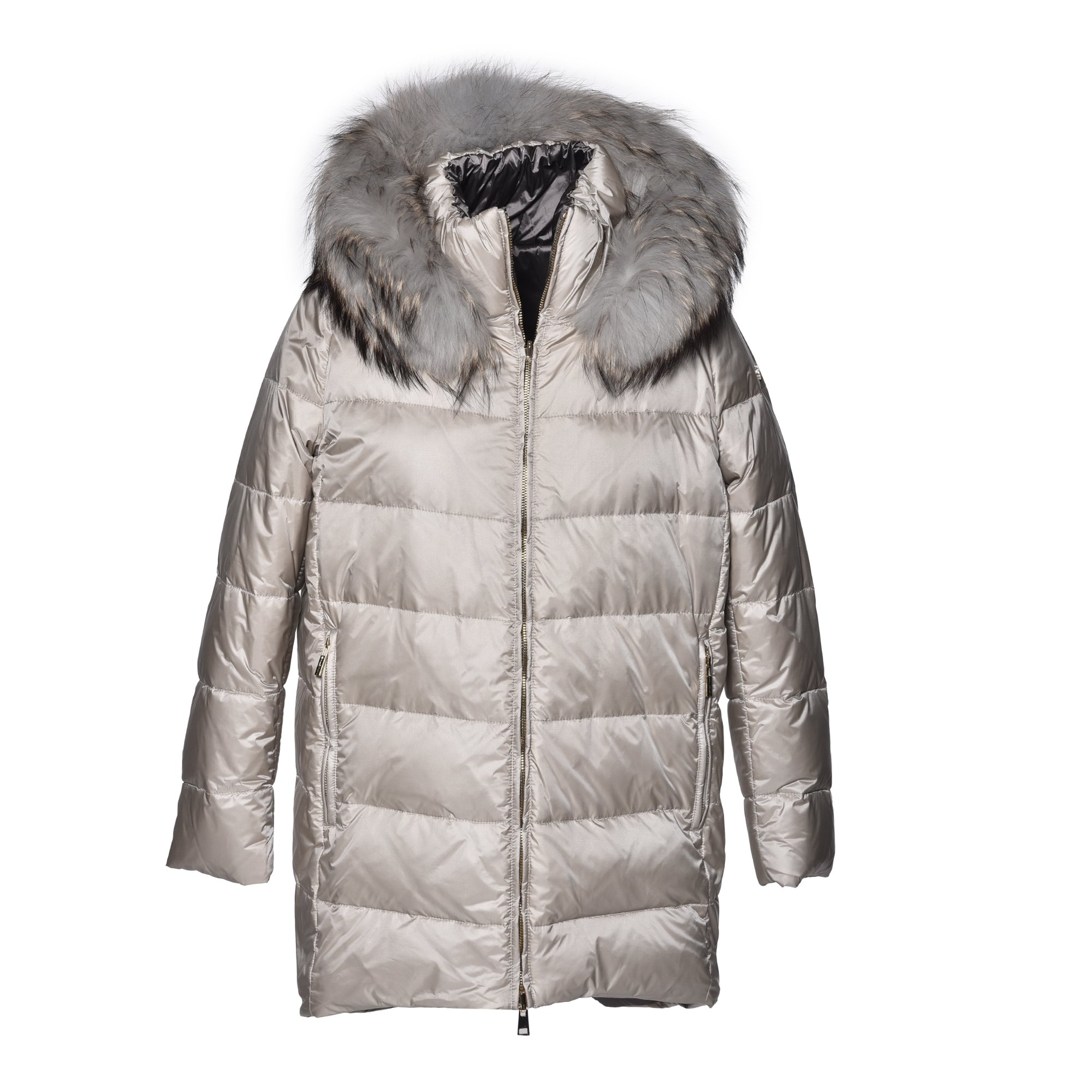 Long reversible down jacket in anthracite and light grey nylon image