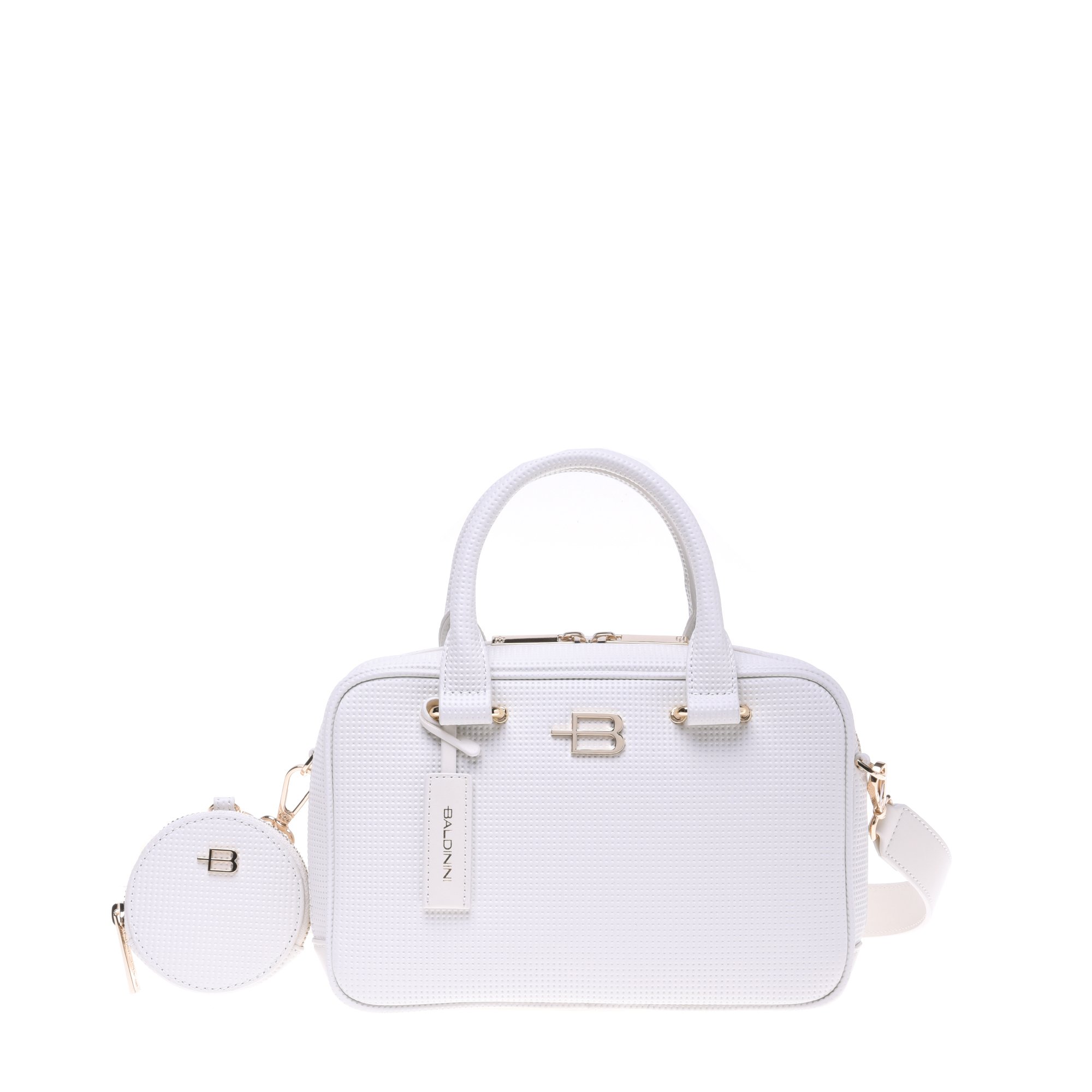 White stamped leather handbag with coin purse image