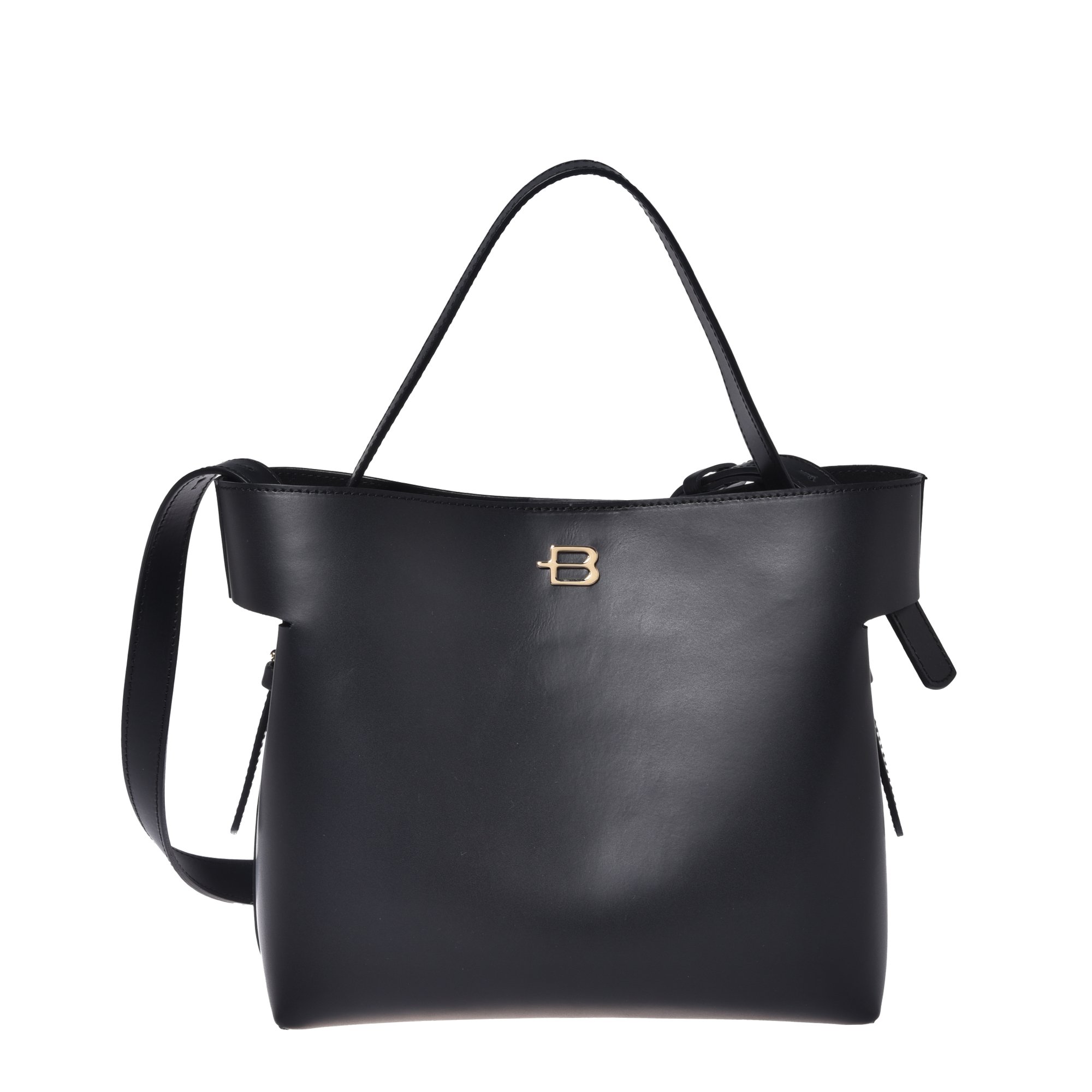 Black leather handbag image