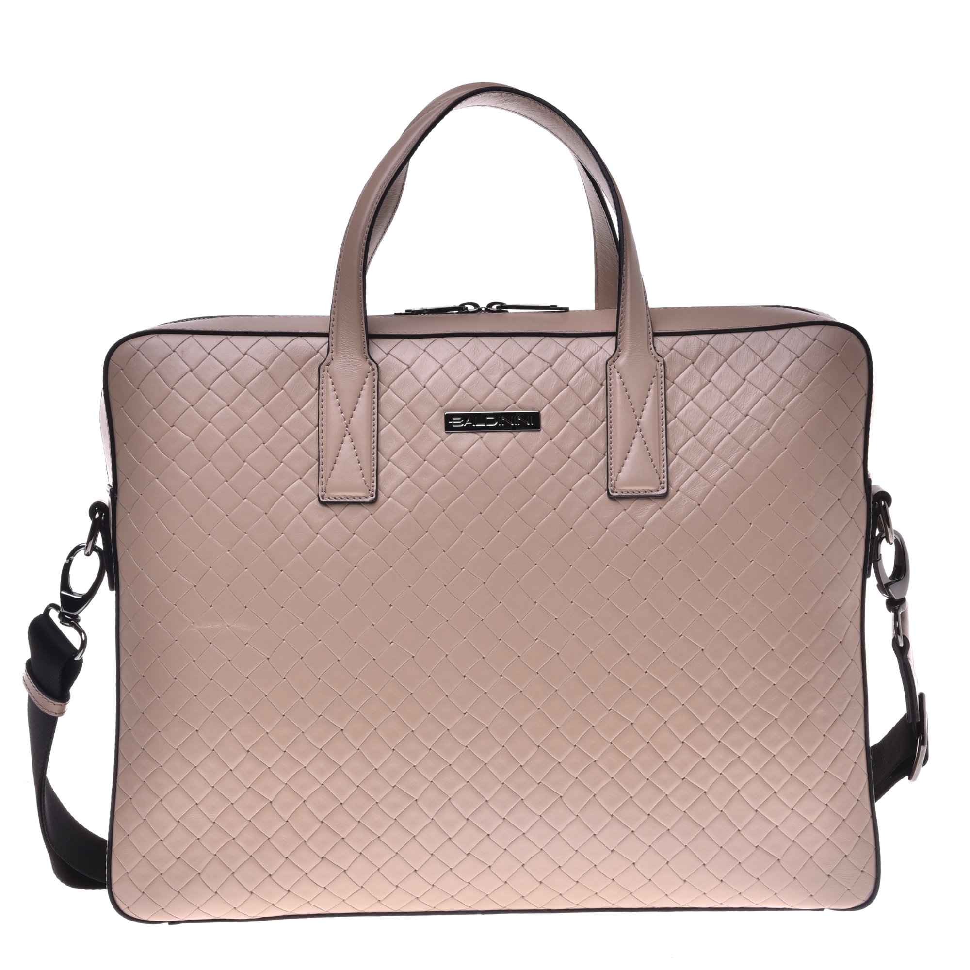 Beige woven-print leather work bag image