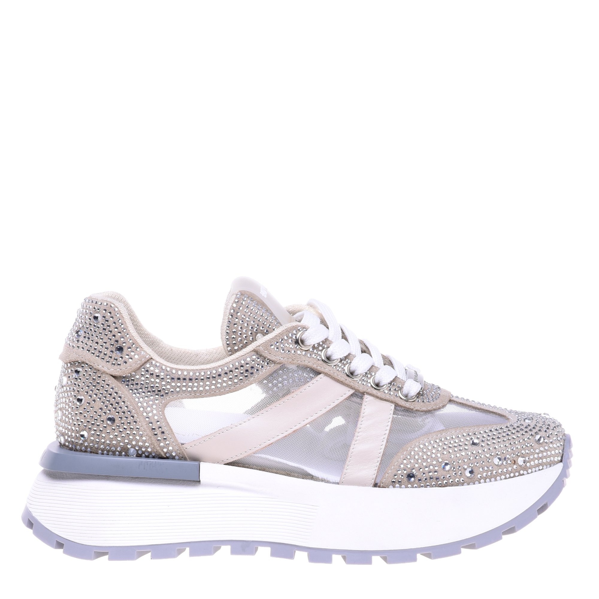 Beige rhinestone and mesh suede trainer image