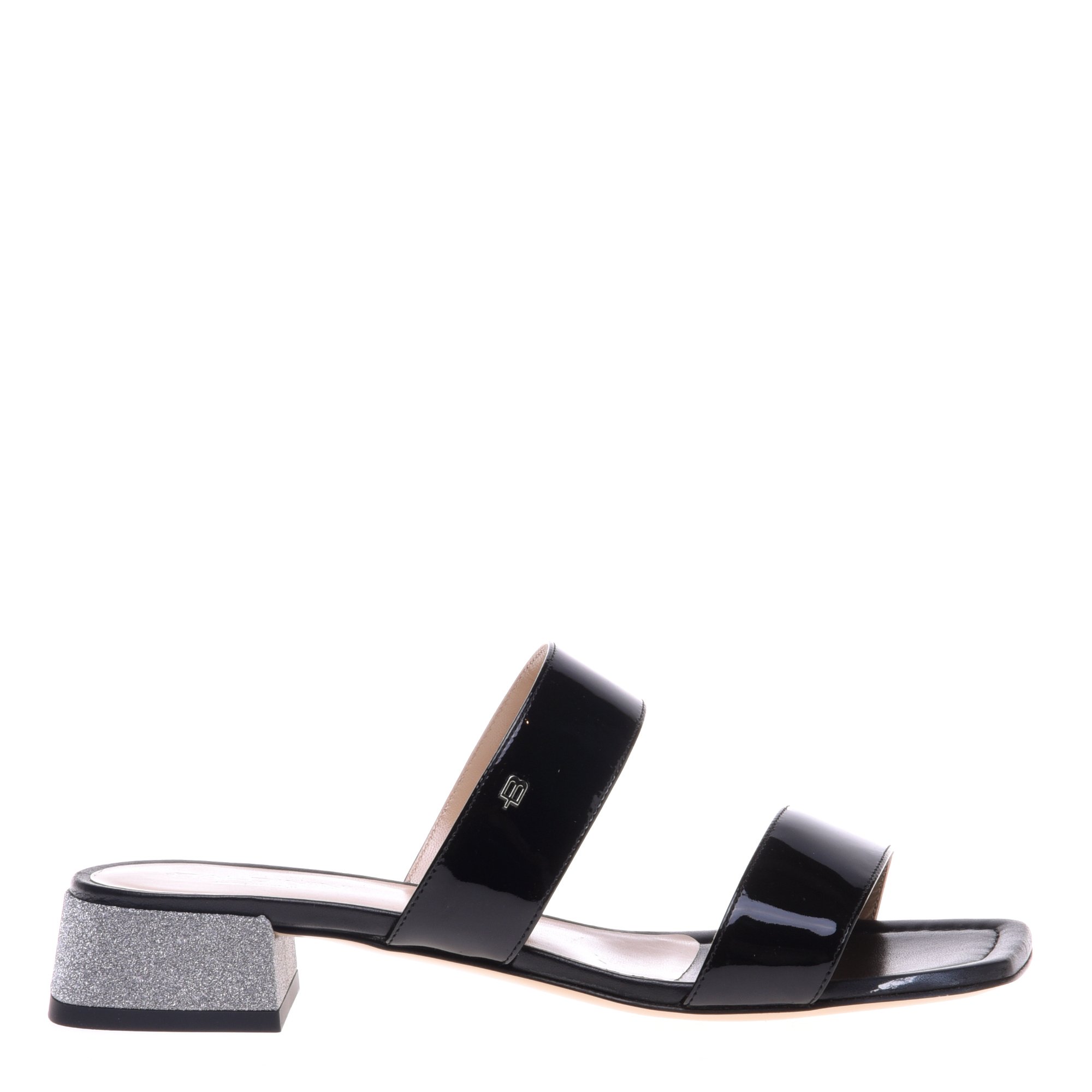 Black patent leather and silver glitter clogs image