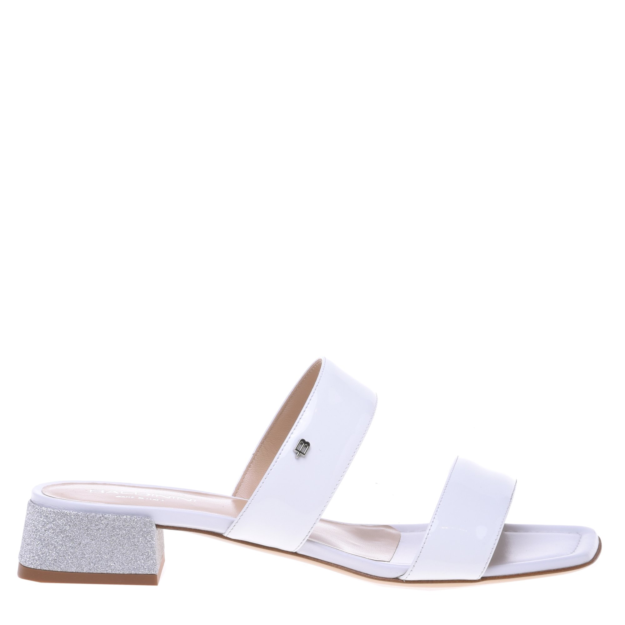 White patent leather and silver glitter clogs image