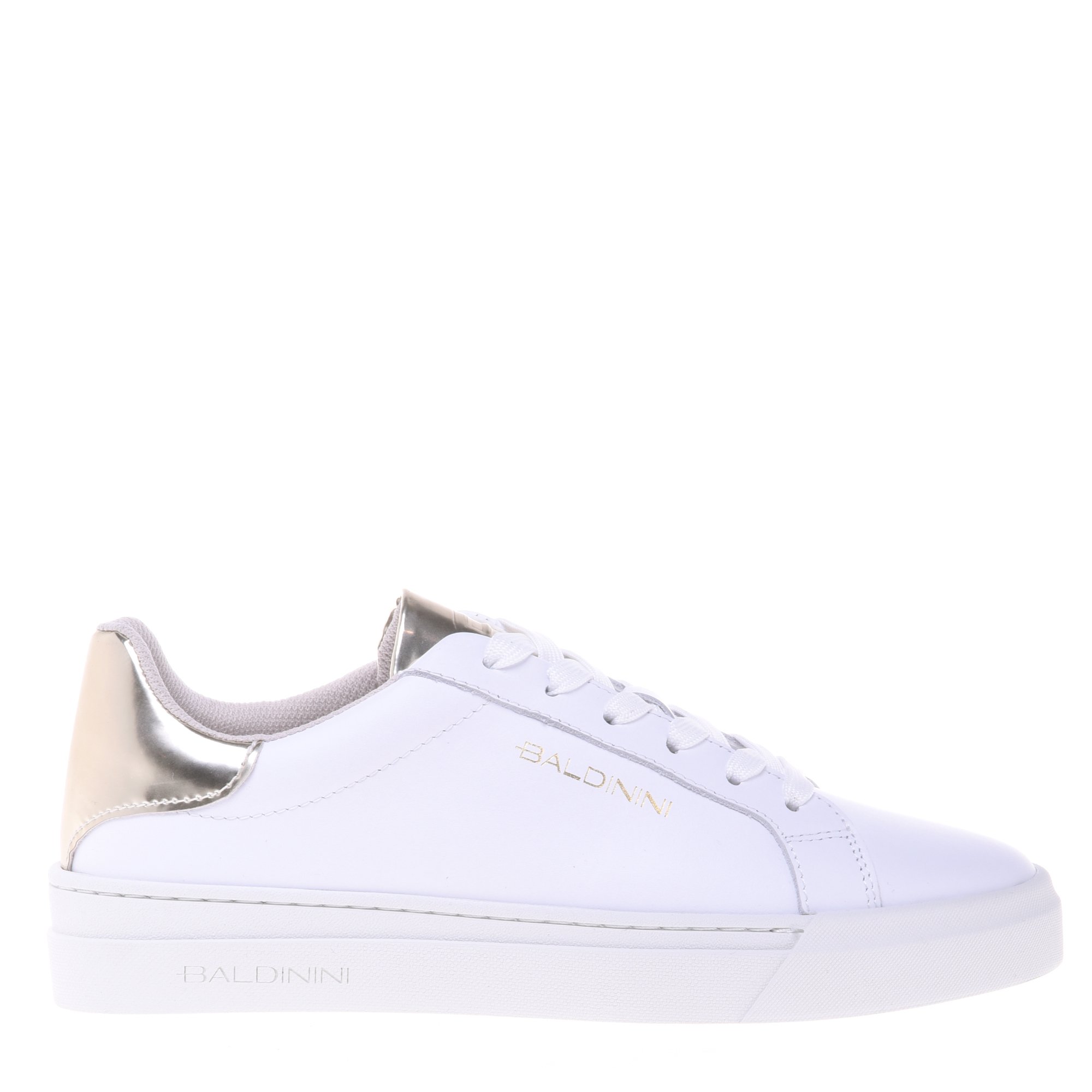 White leather and light gold laminated leather trainer image