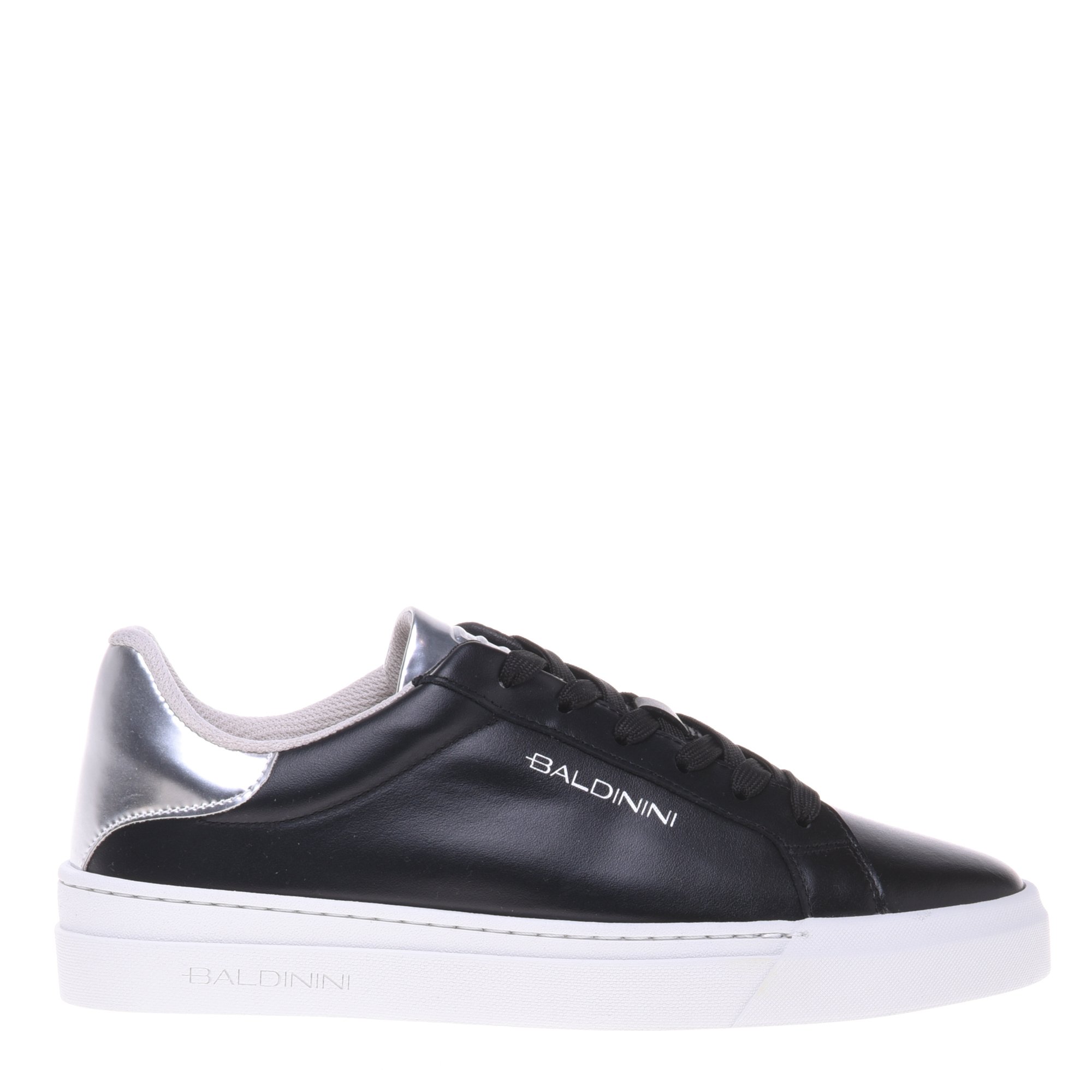 Black leather and silver laminated leather trainer image
