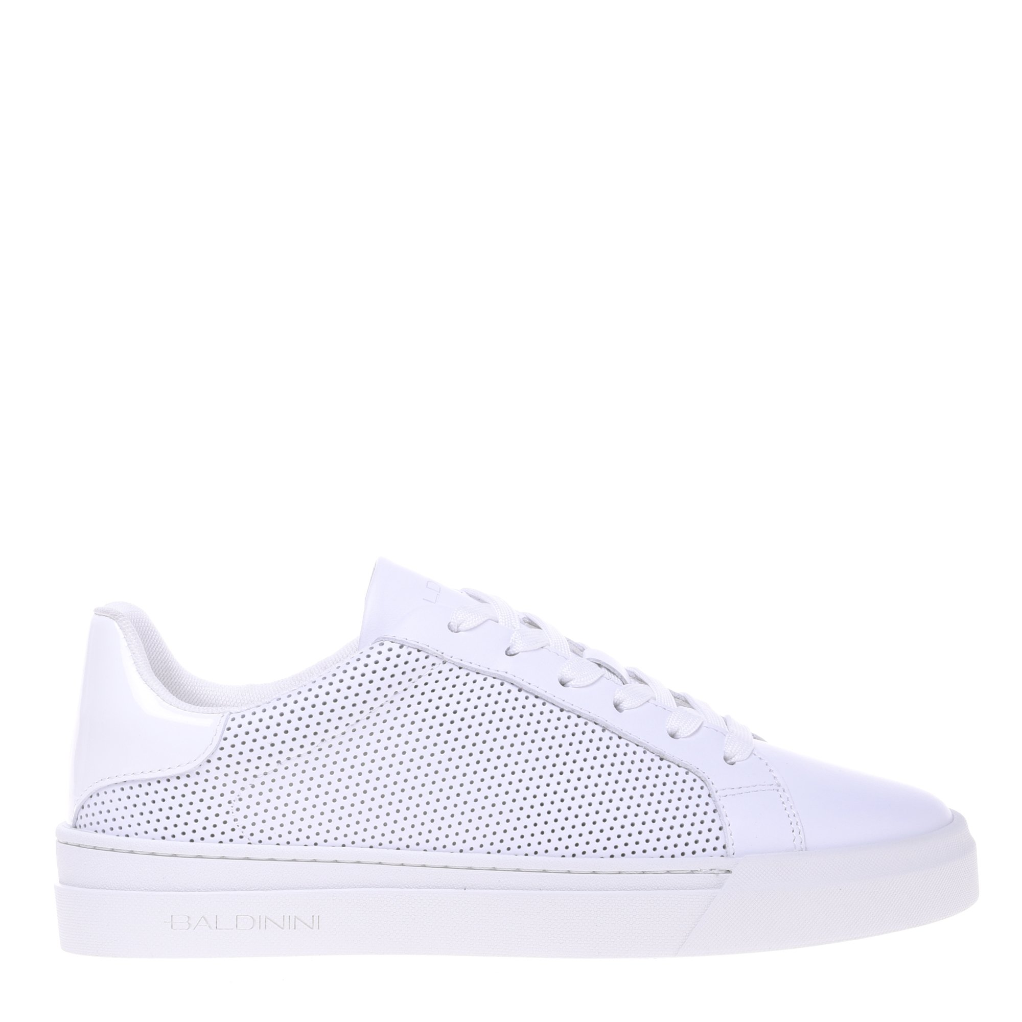 Perforated leather and white patent leather trainer image