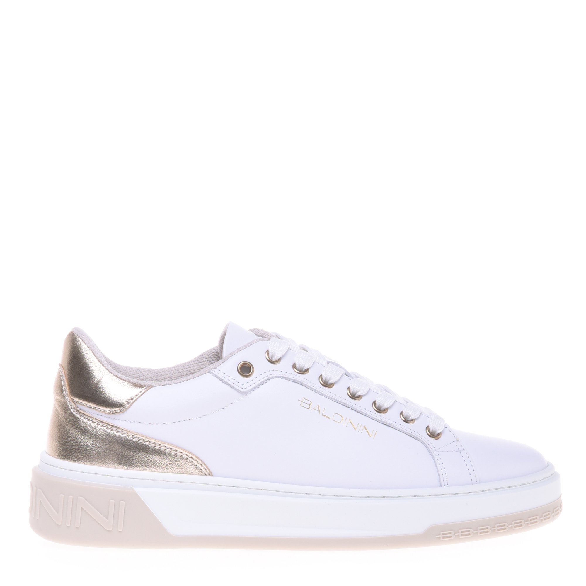 White leather and light gold laminated leather trainer image