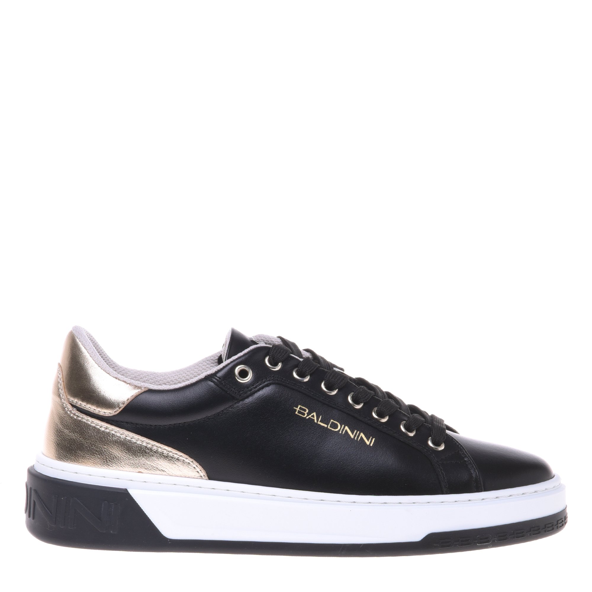 Black leather and light gold laminated leather trainer image