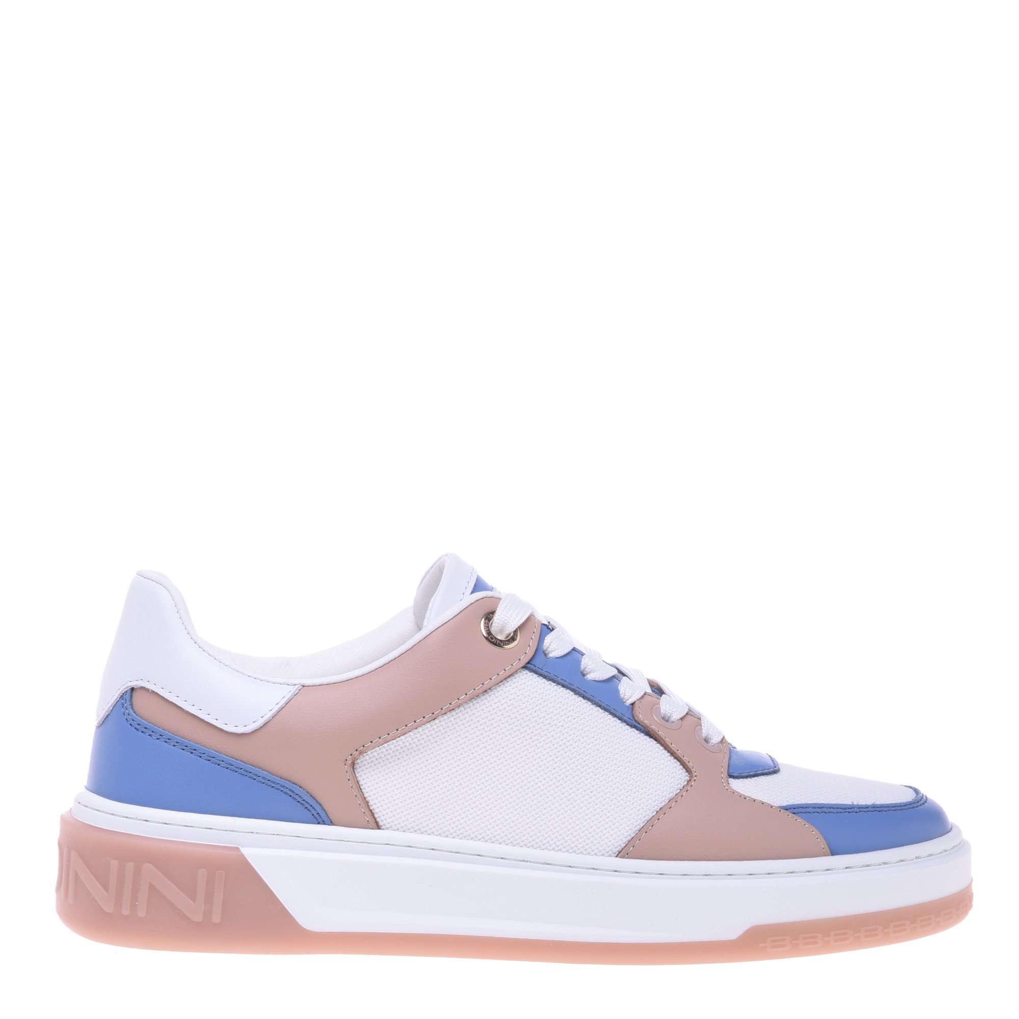 Nude leather and light blue fabric trainer image