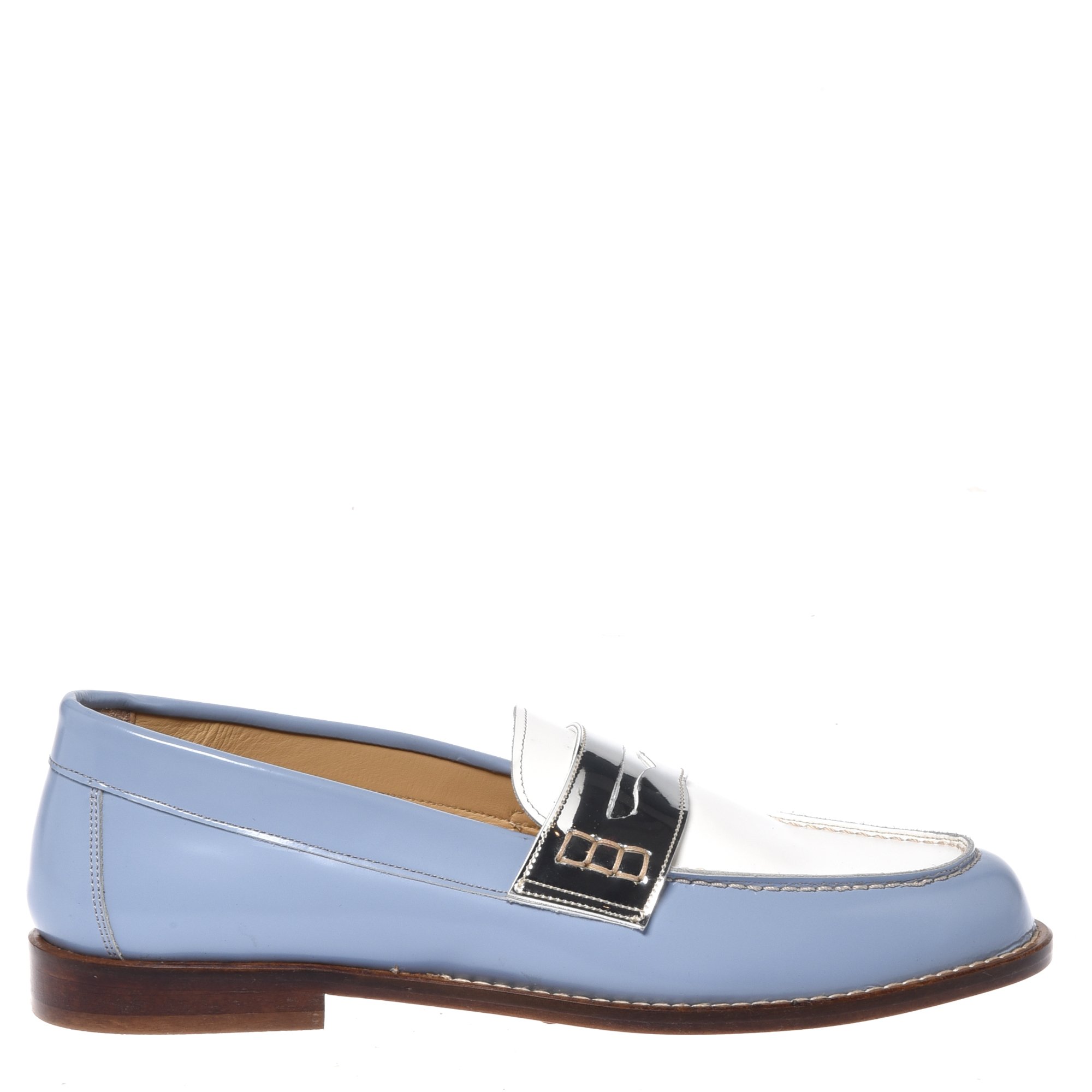 Light blue brushed and silver mirrored leather loafer image