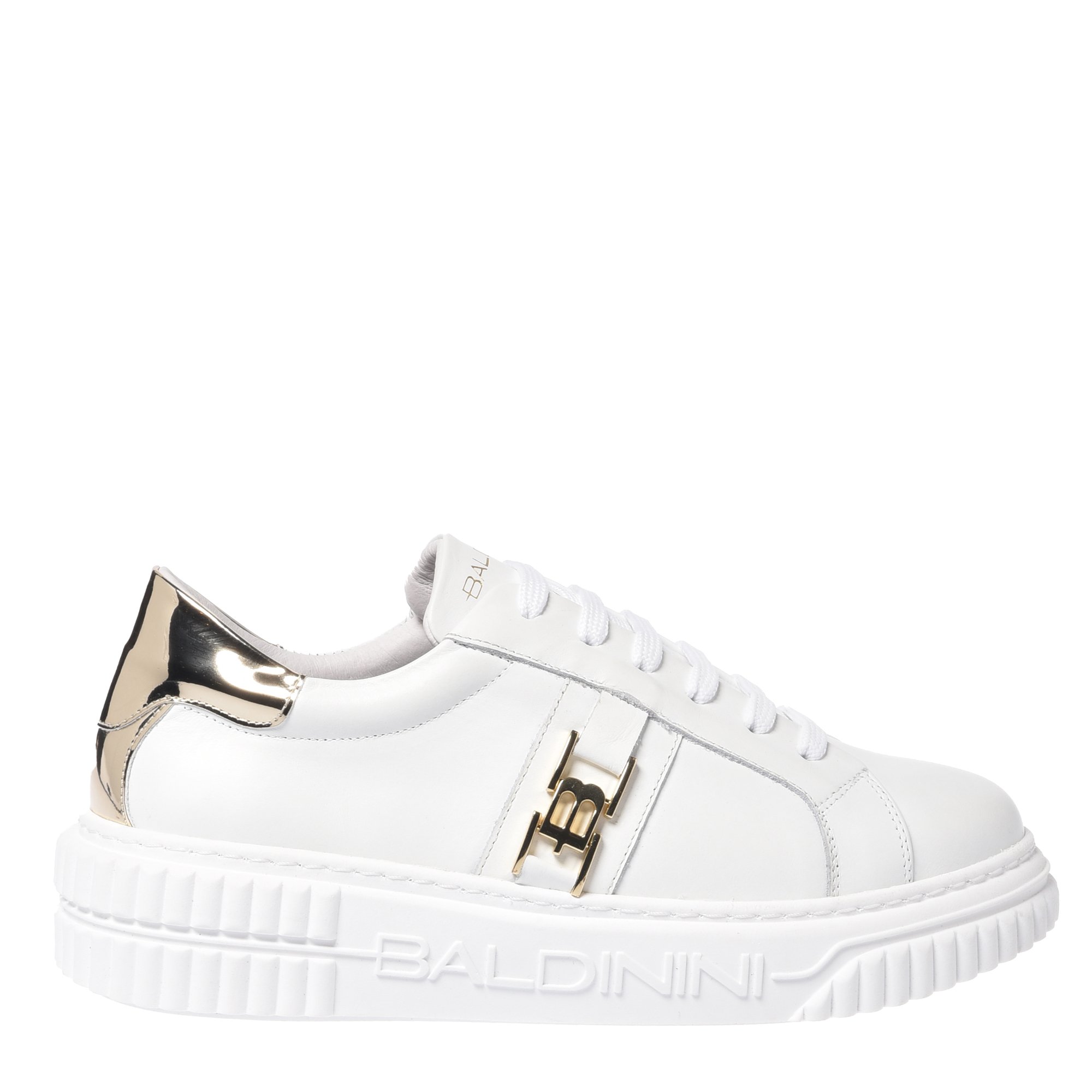 Sneaker in white leather and light gold mirrored leather image