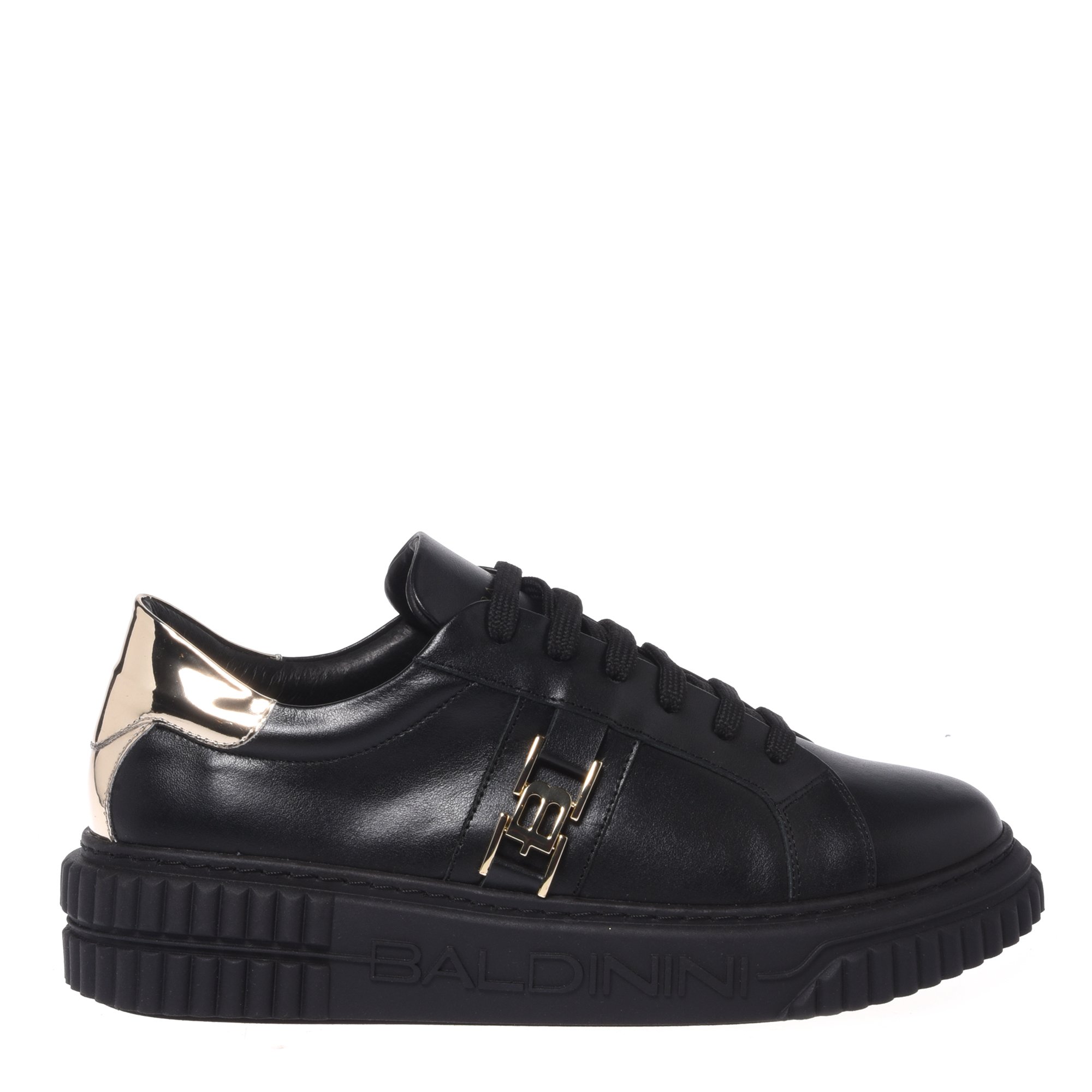 Sneaker in black leather and light gold mirrored leather image