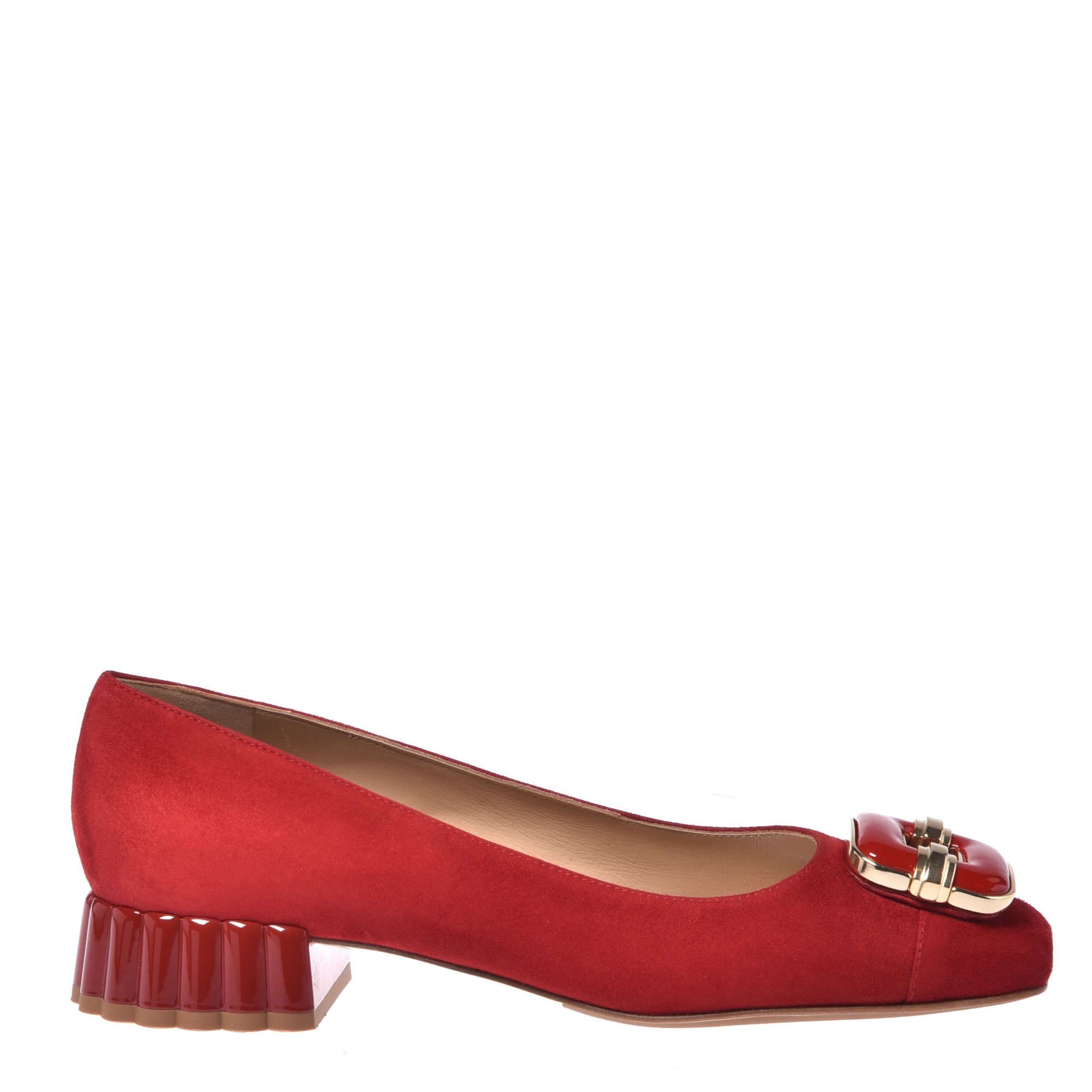 Red suede court shoes image