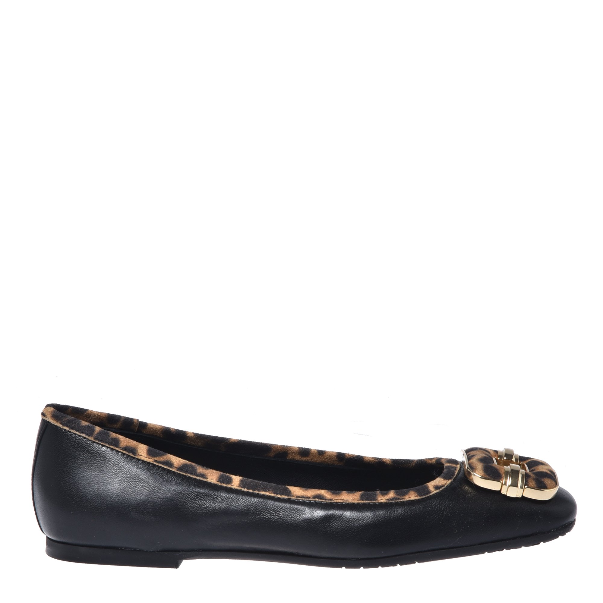 Black leather and leopard print suede ballerina flats image