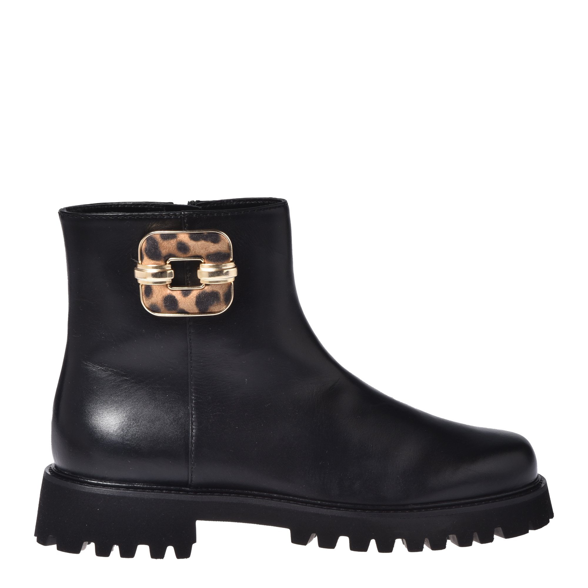 Black leather and leopard print suede ankle boots image