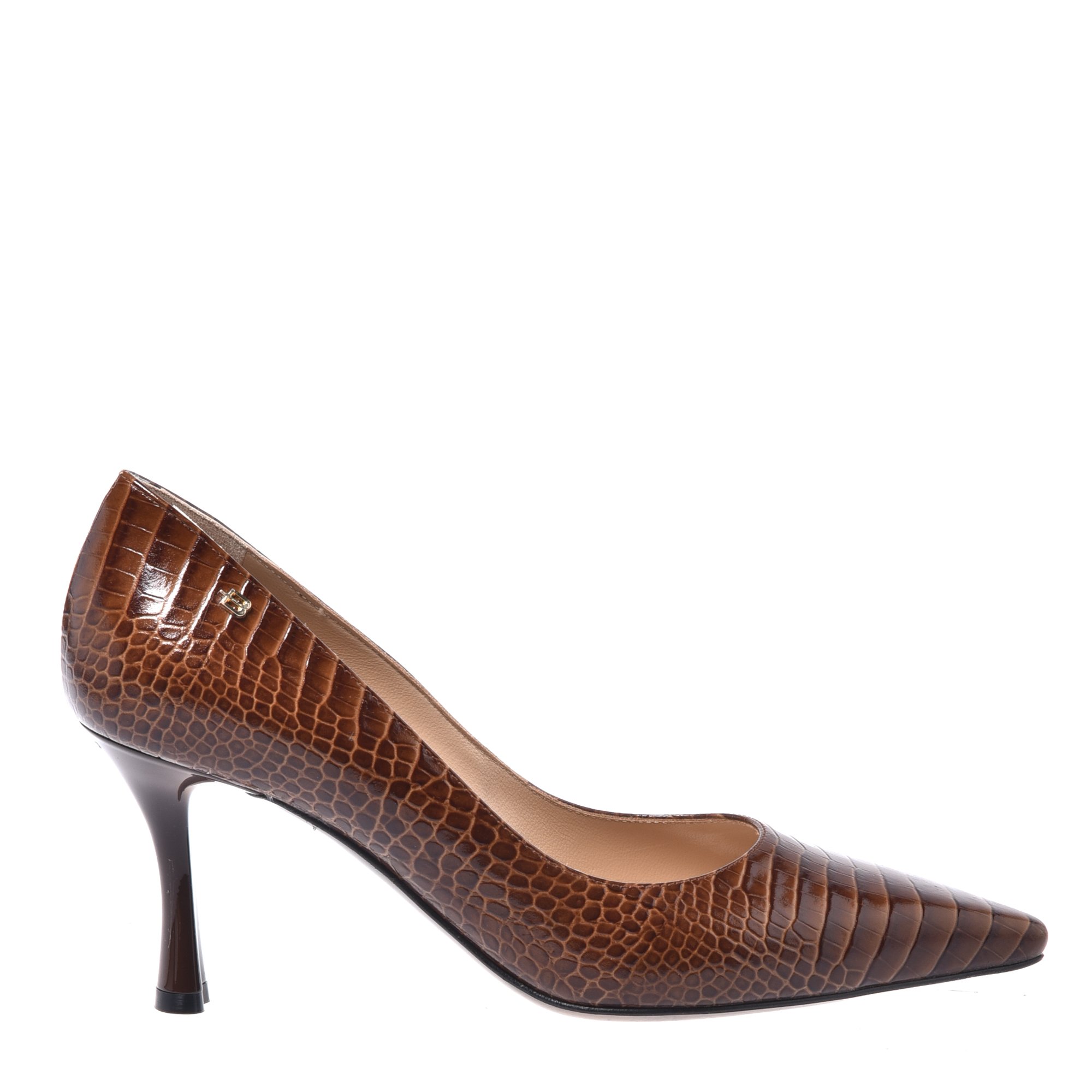Brown crocodile print court shoes image