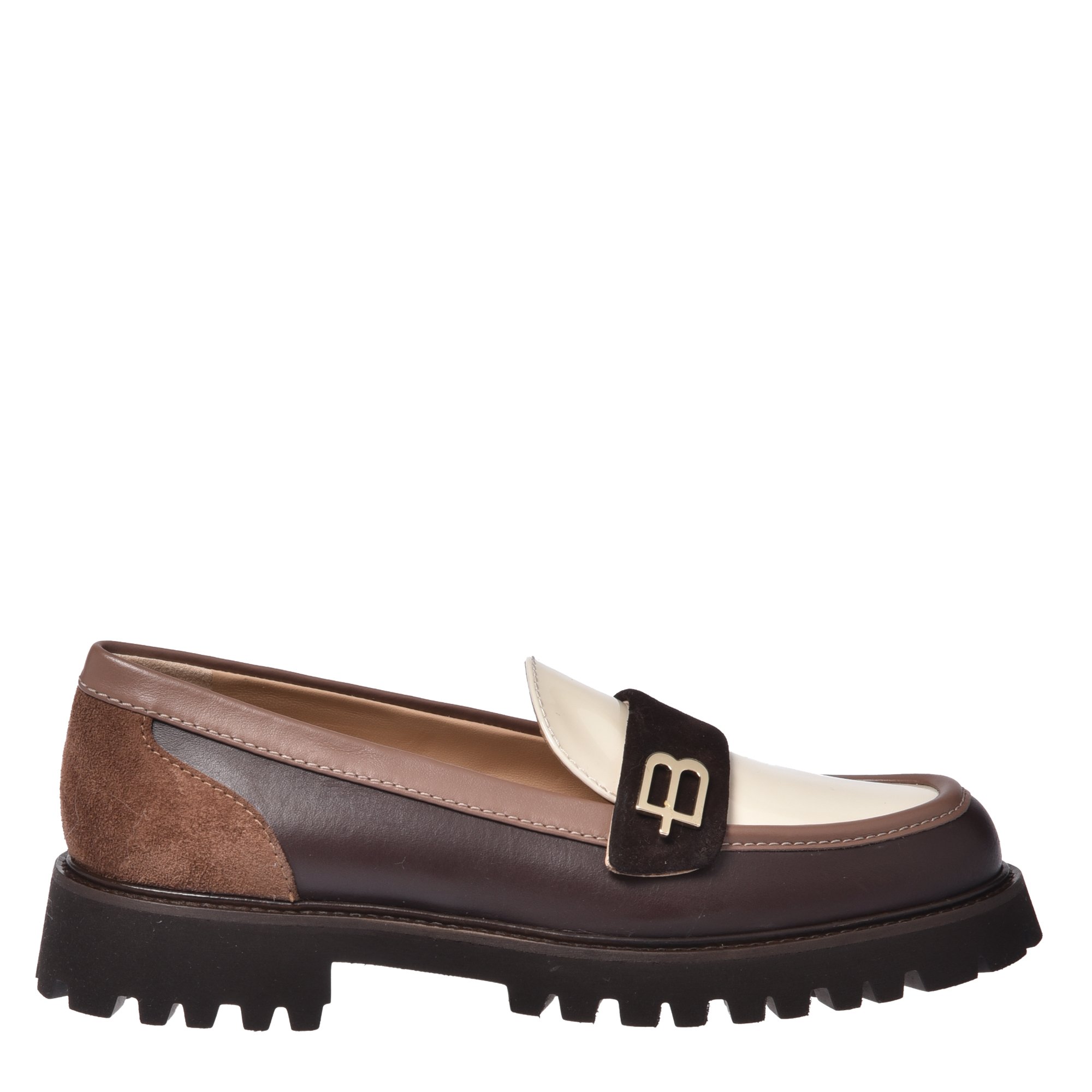 Dark brown leather and vanilla patent leather loafers image