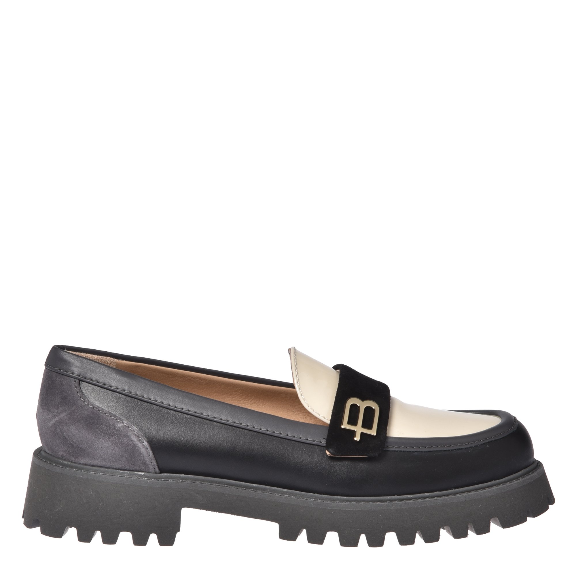 Black leather and vanilla patent leather loafers image