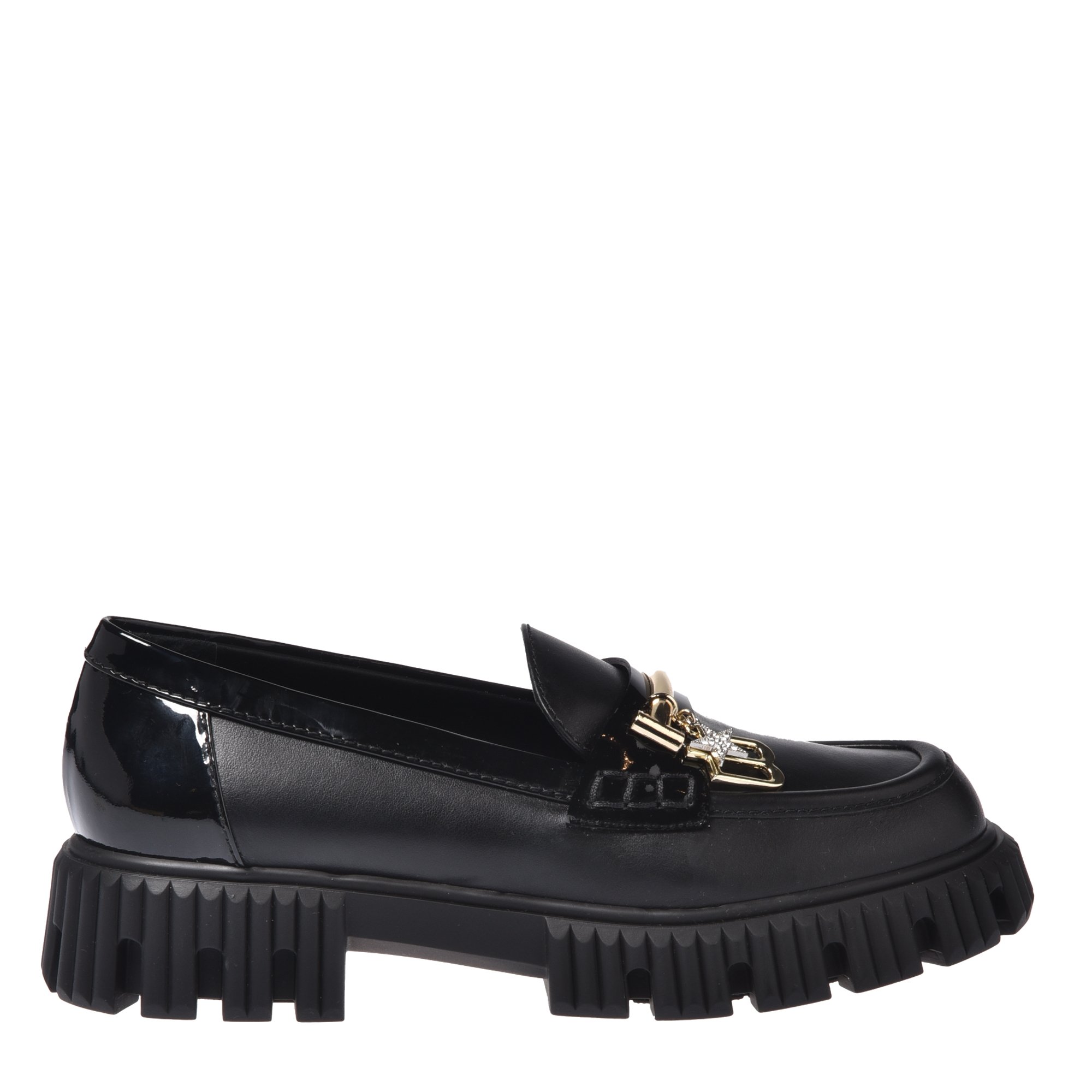 Black leather and patent leather loafers image