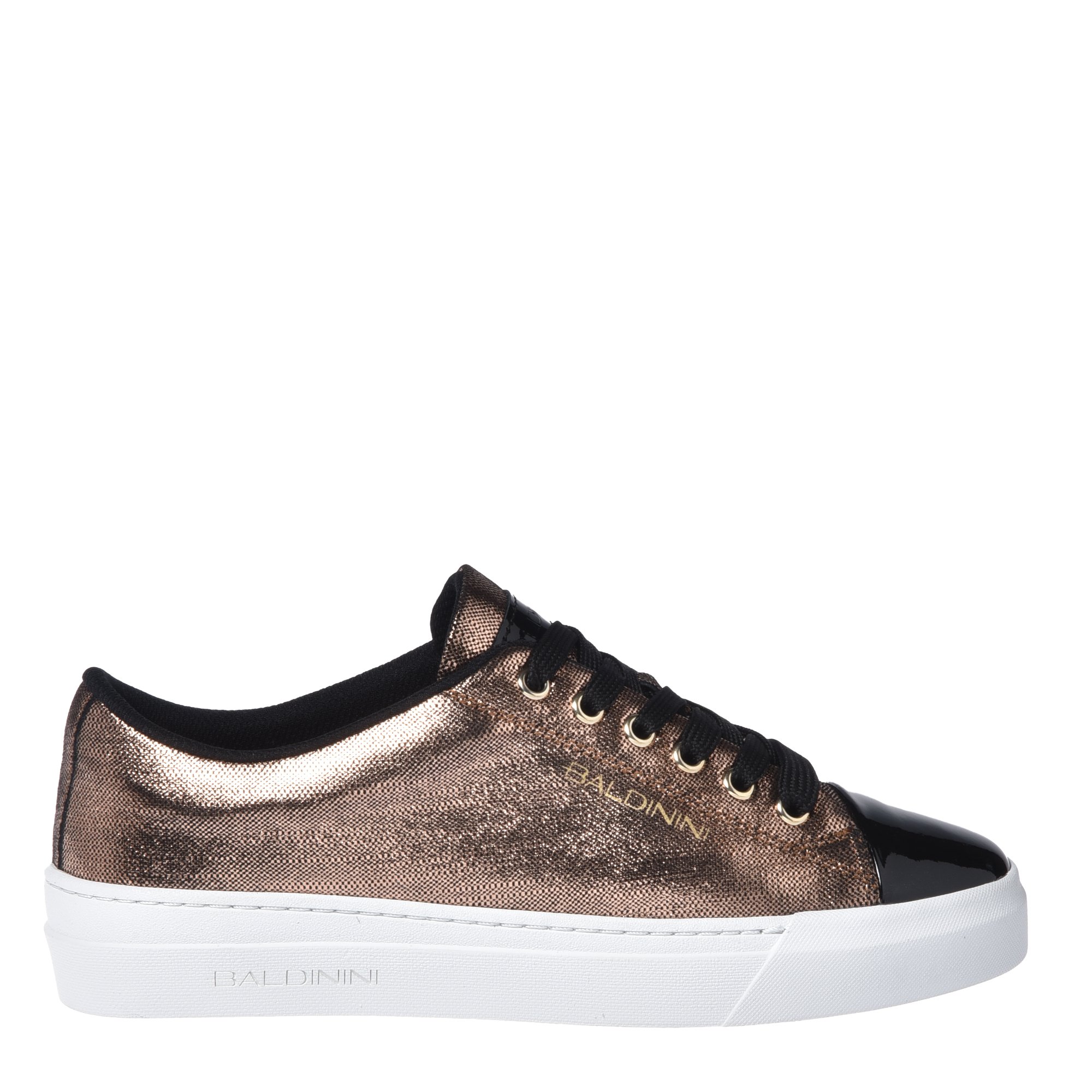 Black patent leather and metallic bronze suede trainers image