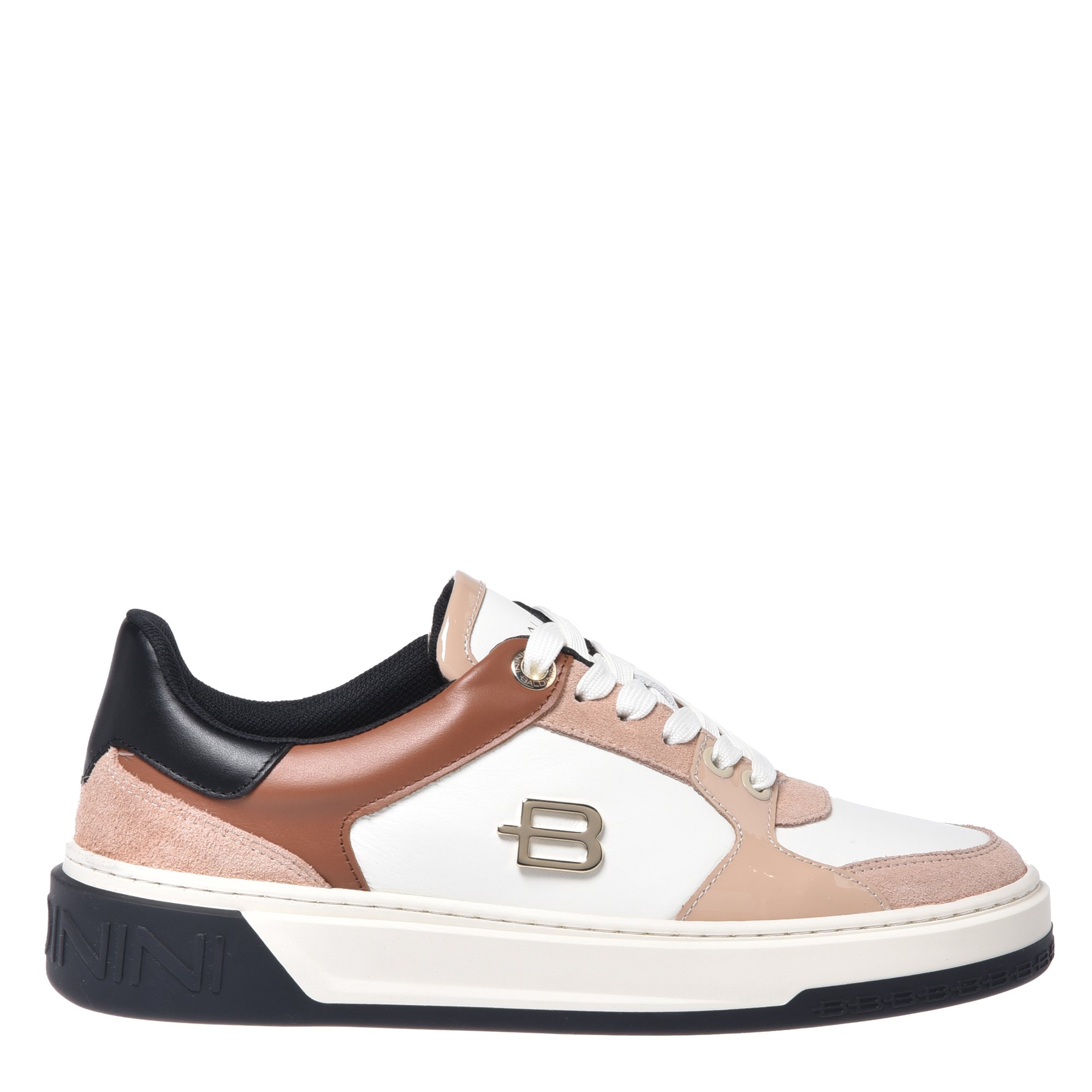 Nude suede and off-white leather trainers image