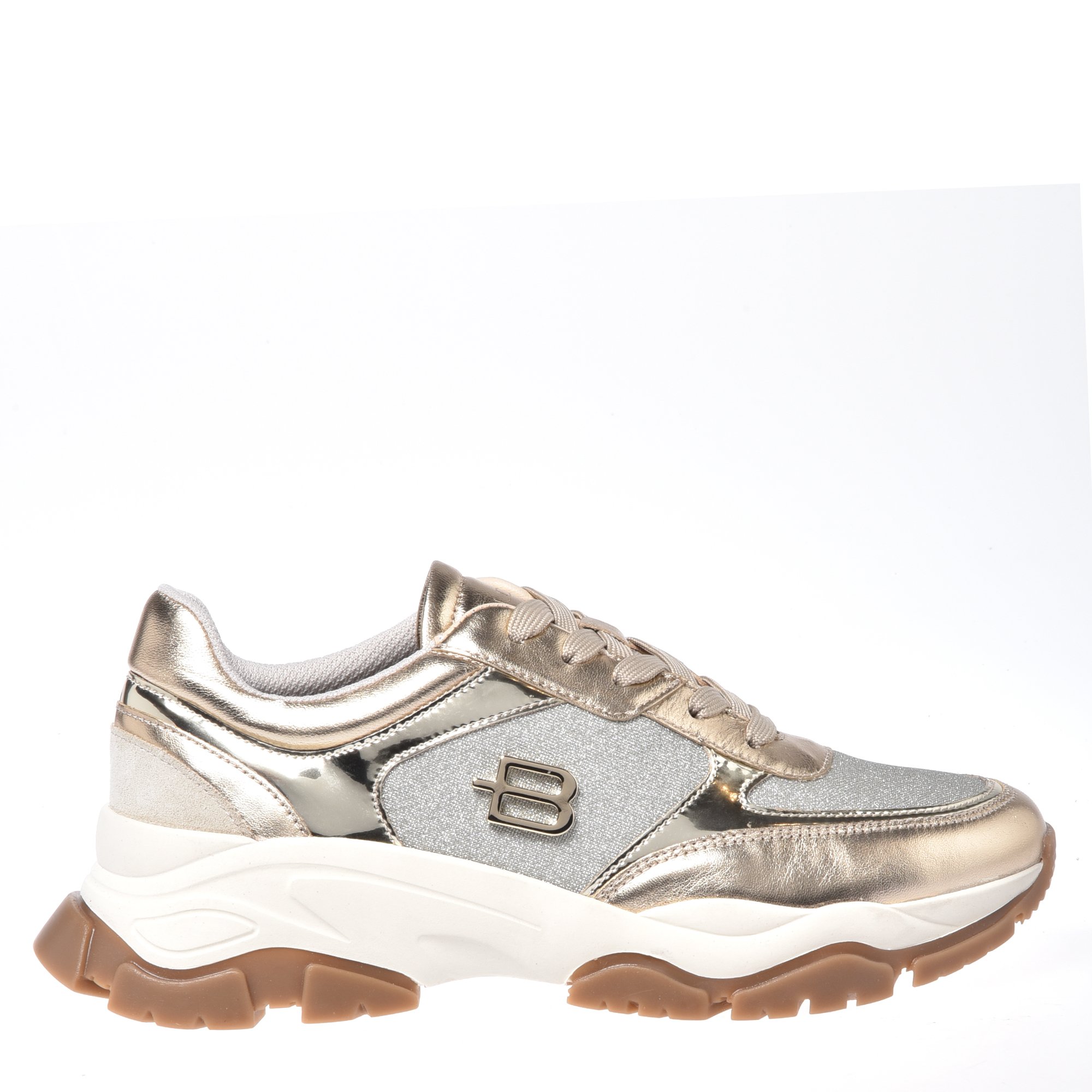 Light gold laminated leather and silver glitter fabric trainers image