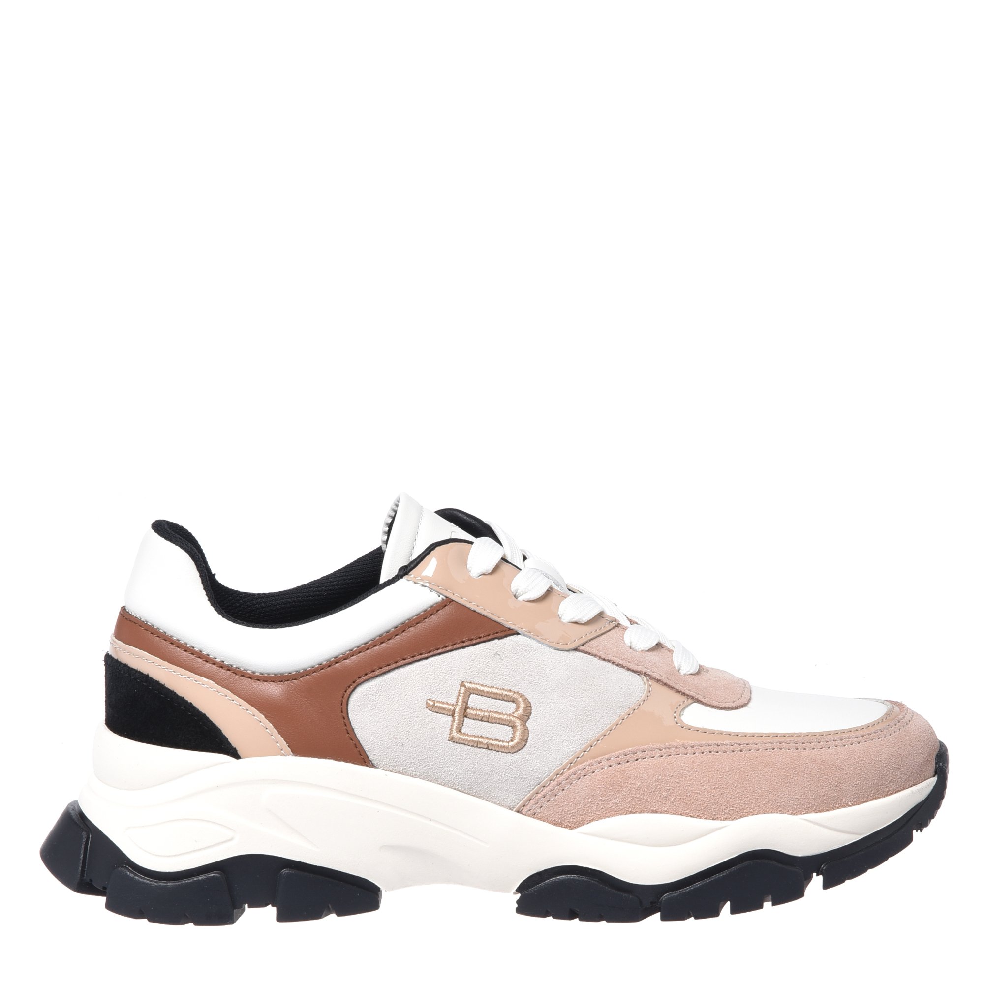Nude suede and off-white leather trainers image