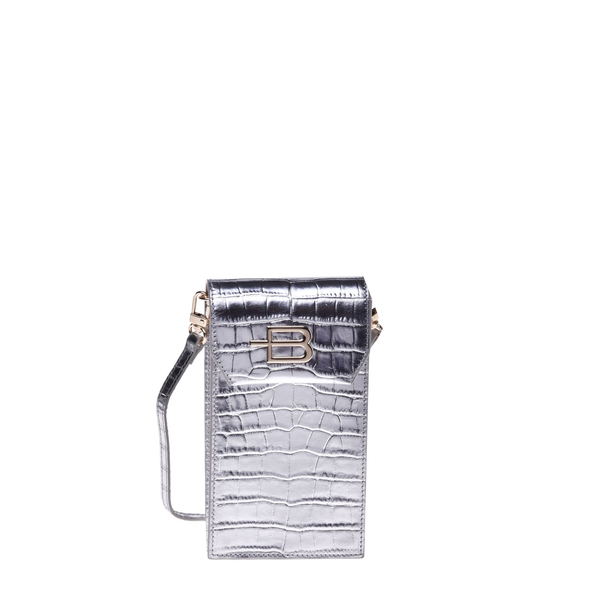 Mobile phone holder in crocodile print silver laminated leather image