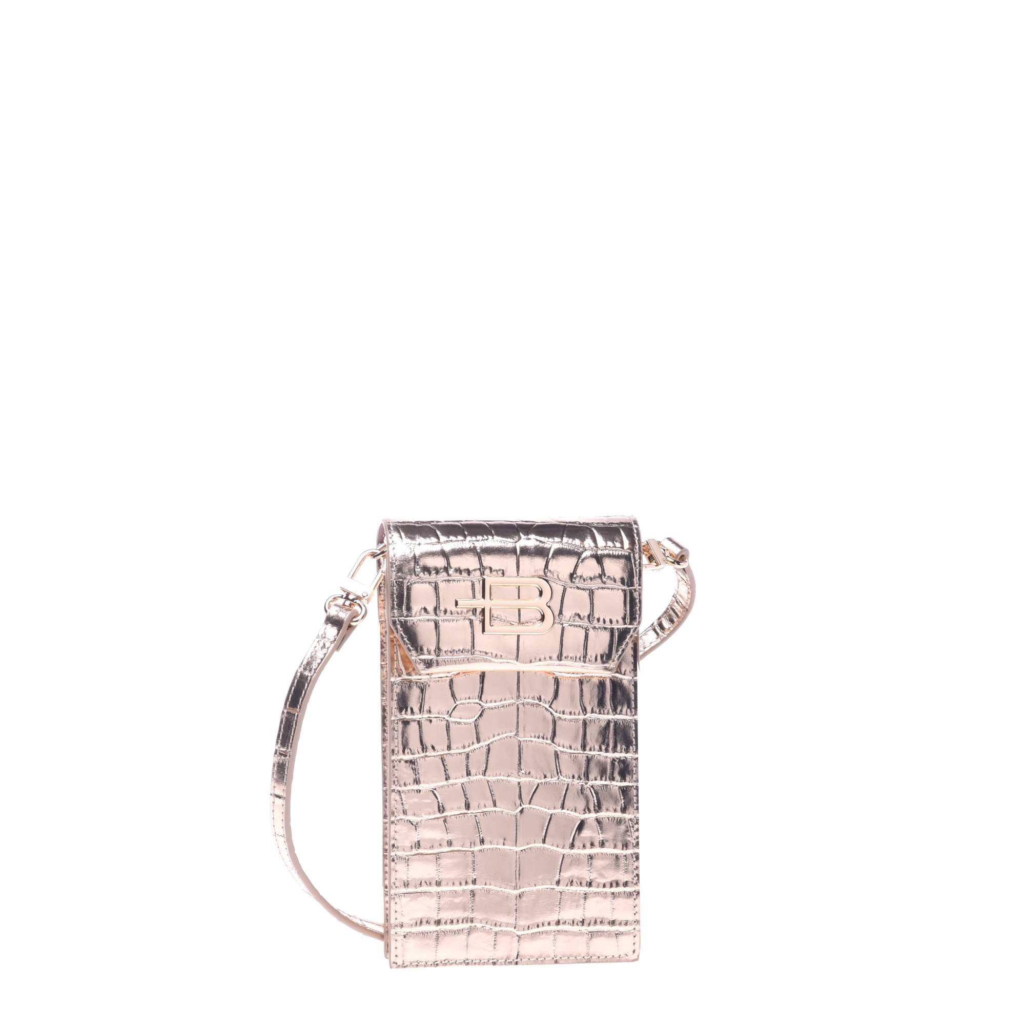 Mobile phone holder in crocodile-print gold laminated leather image