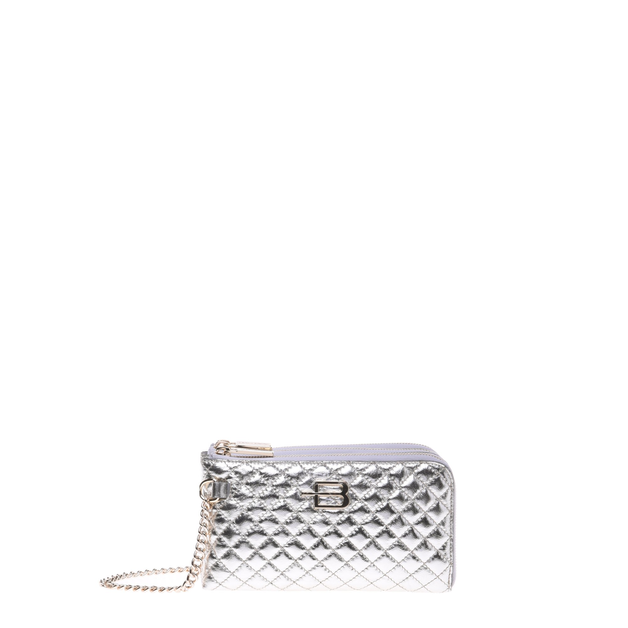 Quilted silver leather wallet with crossbody strap image