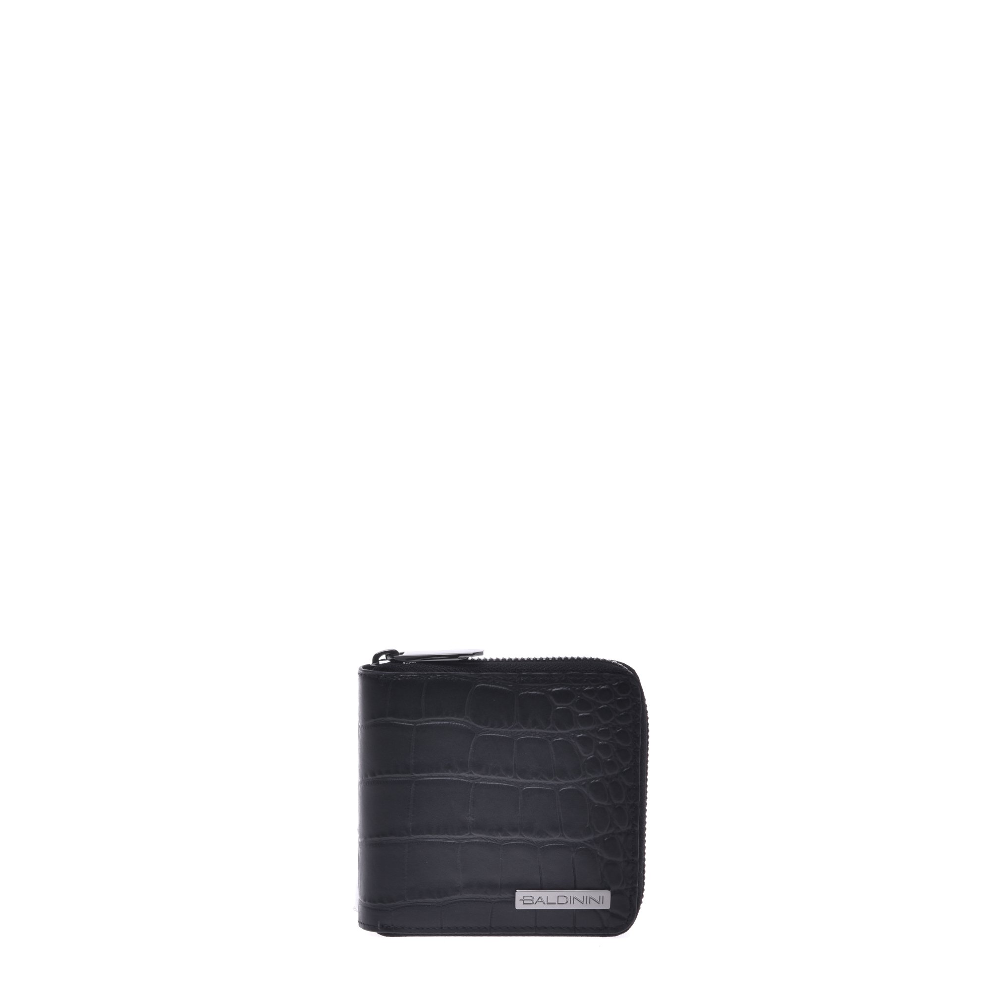 Wallet with zip in black leather with crocodile print image
