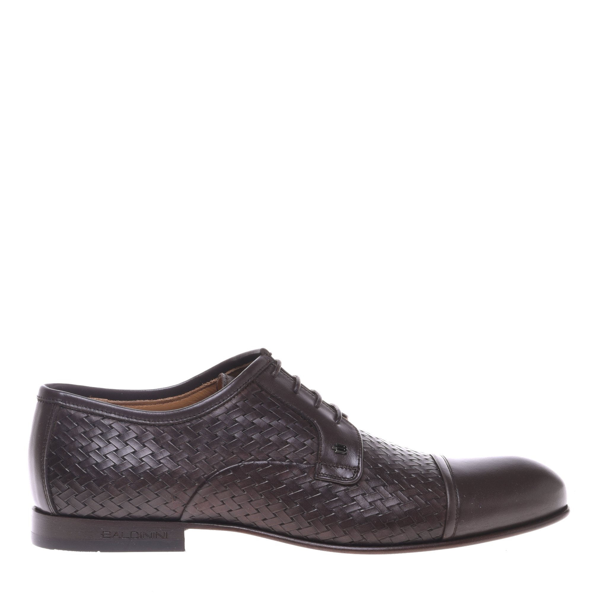 Lace-up in leather and dark brown woven print image