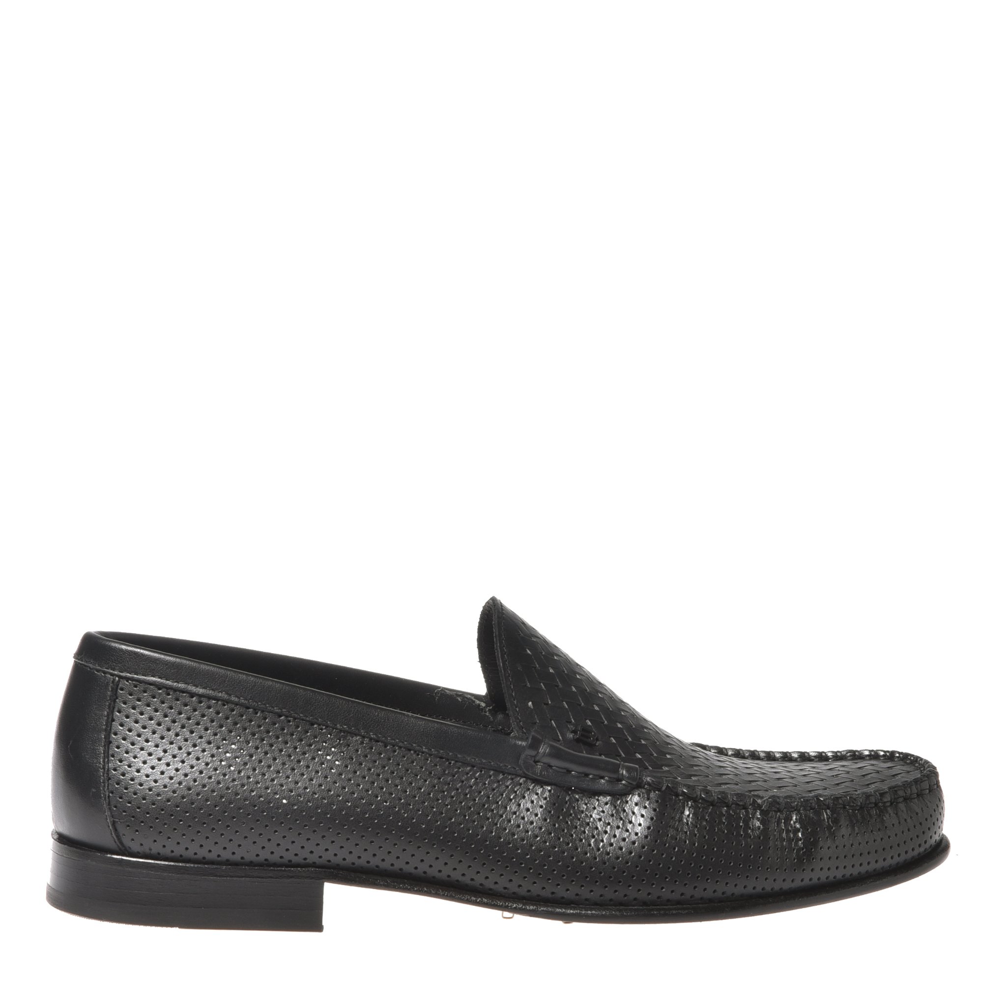 Slipper in woven print and black perforated leather image