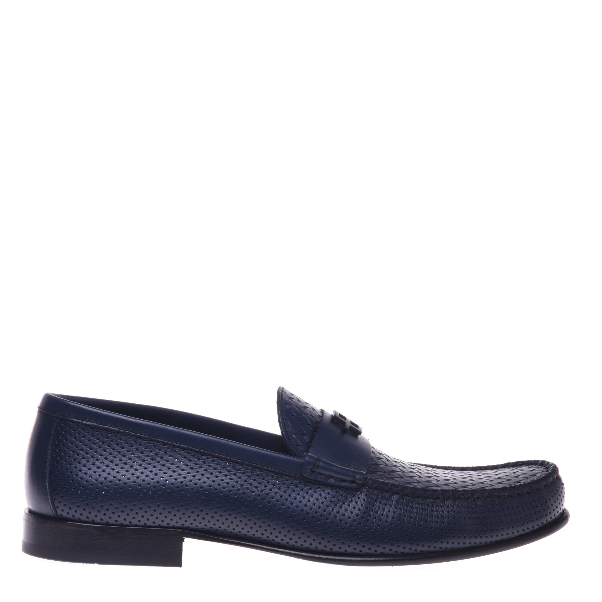 Dark blue woven-print and perforated leather loafer image