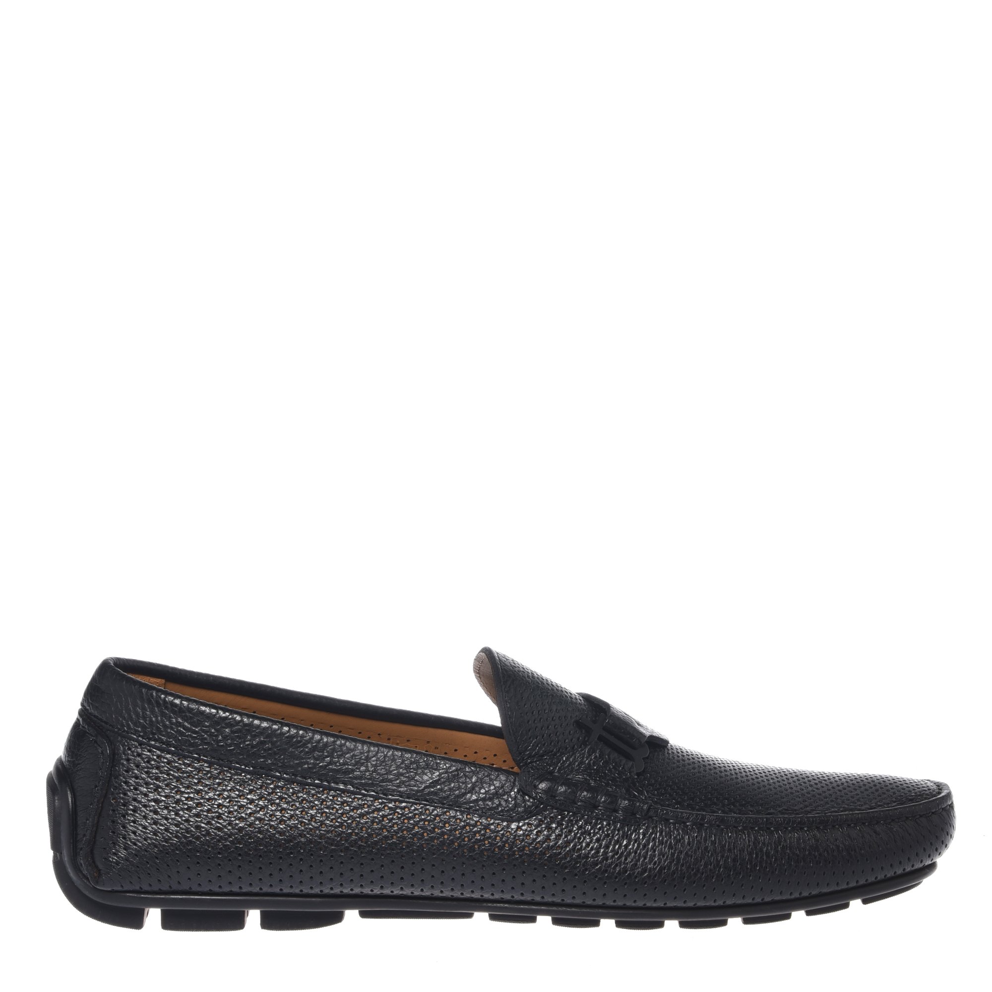 Black perforated grained leather driver loafer image
